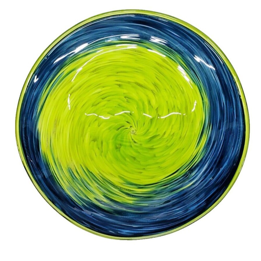Signed Studio Art Glass Swirl Bowl Electric Lime Green Cobalt Blue Centerpiece